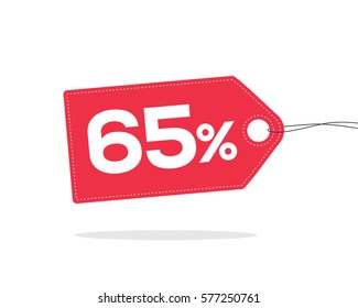 Red price tag label with 65% text on it and with shadow isolated on white background.