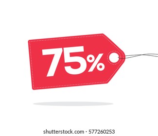 Red price tag label with 75% text on it and with shadow isolated on white background.