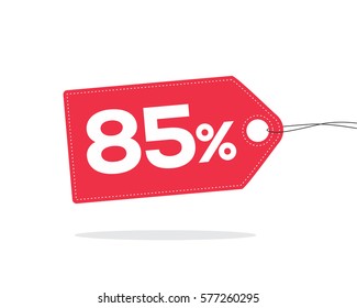 Red price tag label with 85% text on it and with shadow isolated on white background.