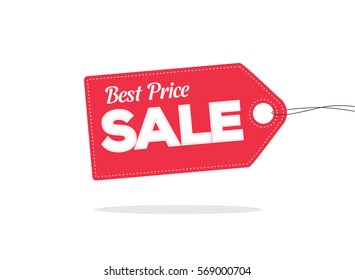 Red price tag label with best price sale word on it and with shadow isolated on white background. For sale campaigns. 