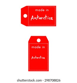 red price tag or label with white word Made in Antarctica isolated on white background.