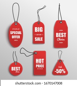 Red price tag set with special offer and best choice text template for big sale promotion. Isolated collection of shopping discount badges - vector illustration.