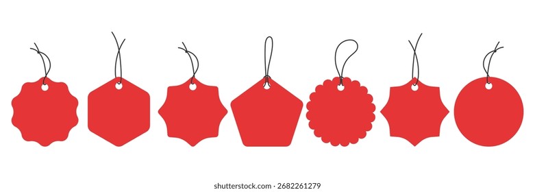 Red price tag vector set. Paper label mockup isolated. Tags with string template. Circle blank labels for promotion sale discount design
