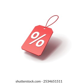 Red price tag with white percentage, 3D. Realistic image with drop shadow for advertising marketing offers, discounts, sales. Image on a white background. Vector