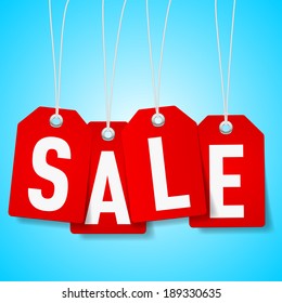 Red price tags with Sale word on blue background 