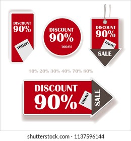 
Red price tags and stickers. Discount 10%, 20%, 30%, 40%, 50%, 60%, 70%, 80%, 90%. With the inscription "today!" and "sale"