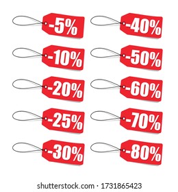 Red Pricetags 5 To 80 Percent - Vector Illustration - Isolated On White Background