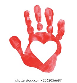 Red  print of  palm with white heart drawn with paint. Red hand print vector icon isolated on white background. National volunteers day.