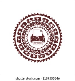 Red printer icon inside distressed grunge style stamp