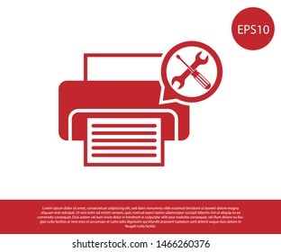 Red Printer with screwdriver and wrench icon isolated on white background. Adjusting, service, setting, maintenance, repair, fixing.  Vector Illustration