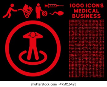 Red Prisoner vector rounded icon. Image style is a flat icon symbol inside a circle, black background. Bonus clipart is 1000 health care business design elements.