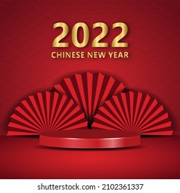 Red product display podium decorated with paper fans on Chinese New Year theme. Vector illustration.