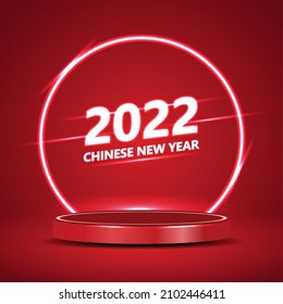 Red product display podium with fluorescent texts on Chinese New Year theme in modern style. Vector illustration.