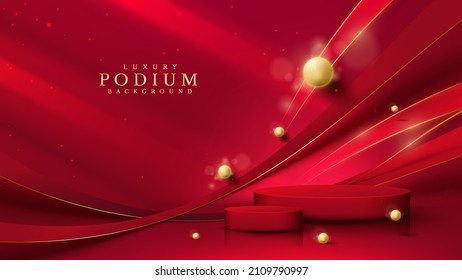 Red product display podium with golden curve line and 3d ball elements with bokeh decoration and glitter light effect.