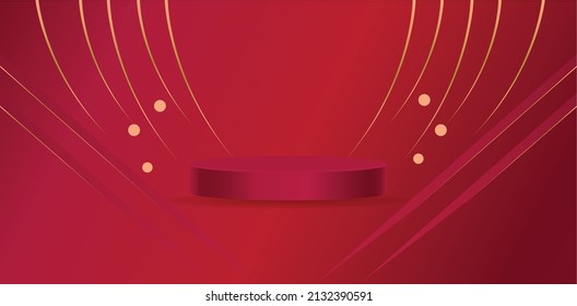 Red product display podium with golden curve line and 3d ball elements with bokeh decoration