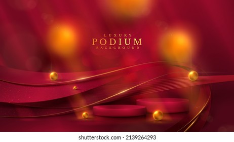 Red product display podium with golden ribbon and 3d ball element and blur and bokeh decoration.