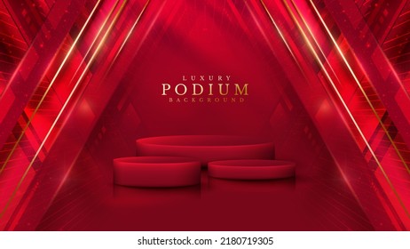 Red product display podium with golden line elements and light effect decoration. Luxury background.