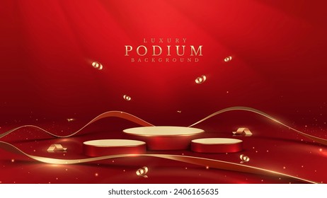 Red product display stand with gold ribbon and glittering light effect decorations. Red luxury background.