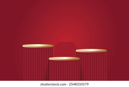 Exposição de produto vermelho está com fita de ouro em um fundo de luxo vermelho.