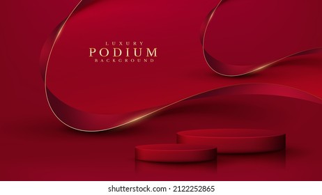 Red product podium with ribbon elements and gold lines with glitter light effect decoration.