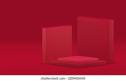 Red product showcase display rhombus stage wall level stairs performance studio 3d background realistic vector illustration. Promo scene podium platform award competition geometric exposition arena