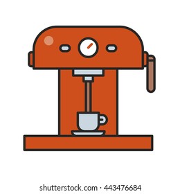 Red professional coffee machine with a hot coffee cup. Drinks and beverages concept. Flat vector illustration on white background.