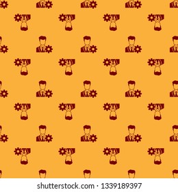 Red Profile settings icon seamless pattern on brown background. User setting icon. Profile Avatar with cogwheel sign. Account icon. Male person silhouette. Flat design. Vector Illustration