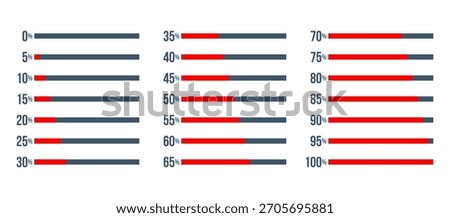 red progress bar percentage diagrams set, infographic elements collection, user interface vector illustration, pie chart dashboard, 5 10 15 20 25 30 35 40 45 50 55 60 65 70 75 80 85 90 95 100 percent