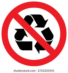 Círculo rojo de prohibición con una barra diagonal sobre un símbolo de reciclaje negro que indica que no se permite el reciclaje
