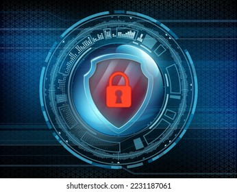 Red prohibition padlock on the shield. Access is denied. Protection of information. Vector illustration