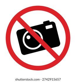 Red prohibition sign with camera icon and diagonal line underneath on white background