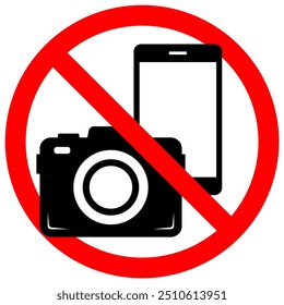 Red Prohibition Sign with Crossed-Out Camera and Phone Icons. No Photography or Recording Allowed. Flat Cartoon Style, Isolated on White, Editable Vector EPS for Graphic Design