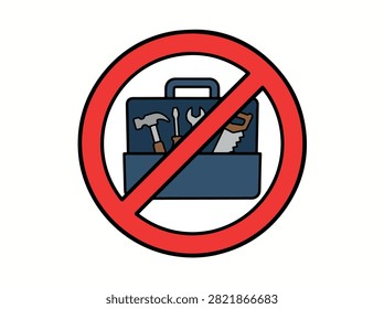 A red prohibition sign with a diagonal line over an open toolbox filled with various tools, indicating a restriction or ban on tools.
