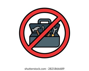 A red prohibition sign with a diagonal line across it, superimposed over an open toolbox filled with various tools.