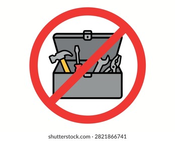 A red prohibition sign with a diagonal line crossing over an open toolbox filled with various tools, indicating that tools are not allowed.