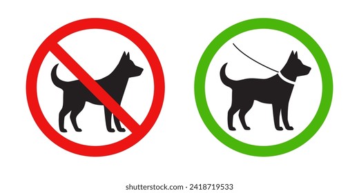 Red prohibition sign with a dog and a green round sign with a dog in a collar on a leash. Vector illustration on white background