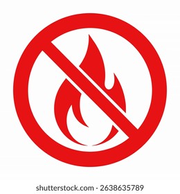 A red prohibition sign featuring a flame symbol, indicating no fire, no open flame, or flammable materials allowed. Warning and safety concept.