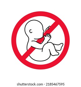 Red prohibition sign with fetal baby outline style, abortion icon concept vector illustration