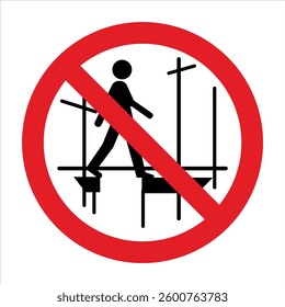 Red prohibition sign isolating a person walking on scaffolding.