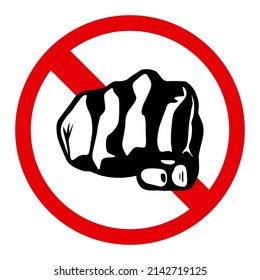Red prohibition sign on a white background, black fist, it is forbidden to hit people, no fight, vector illustration