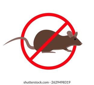 Red prohibition sign representing a rat inside, symbolizing a ban on rats, promoting deratization and pest control, perfect for pest control companies and public health campaigns
