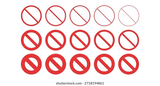 Conjunto de Vectores de signos de prohibición rojos con tope restringido y sin símbolos de advertencia de entrada en varios pesos de línea para etiquetas de seguridad y diseño de interfaz de usuario reglamentario.
