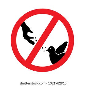 Red prohibition sign where the silhouette of the hand feeds the birds

