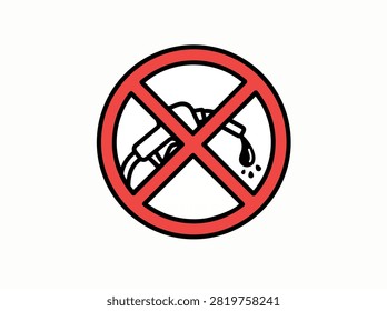 A red prohibition sign with a white background, depicting a gas pump nozzle with dripping fuel, indicating no refueling or gasoline is allowed.