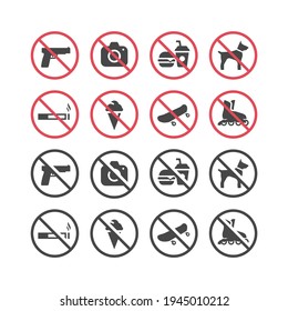 Red prohibition vector icon set. No smoking, no food, no pets, no guns sign set.