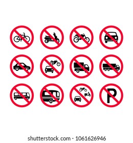 Red prohibition vehicles sign set. No motor vehicles, no bicycles, no automobiles. Trucks, busses, camper vans, scooters, motorcycles not allowed
