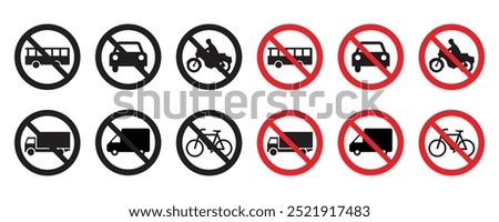 Red prohibition vehicles sign set, Prohibition car icon, car, bike , truck, bus, prohibit sign vector, no bike, no bus, no car parking icon vector illustration