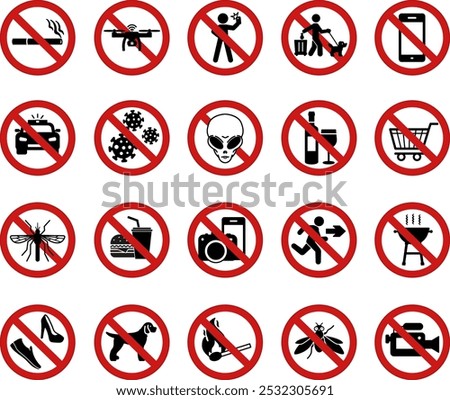 Red Prohibitory Public Signs. Vector Icons. Sticker Set. No Selfies, Smoking, Drones, Phones, BBQ, Dog Walking, Wearing Shoes, Aliens and More
