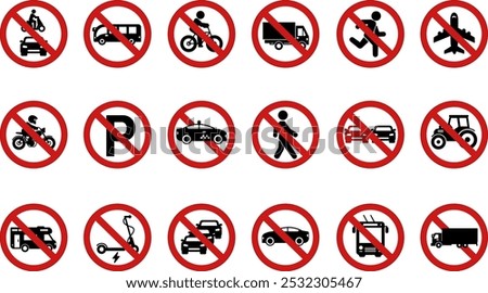 Red Prohibitory Round Road Signs. Vector Icons. No Traffic Jams, Trucks, Trolleybuses, Motorcycles, Buses, Bicycles, Pedestrians, Taxis, and More