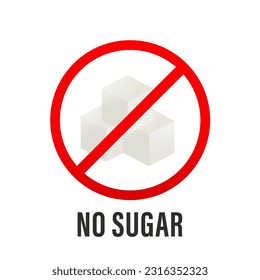 Red prohibitory sign. Sugar free icon. No sugar added product label. Healthy food sign. Natural product and organic food badge. Vector illustration